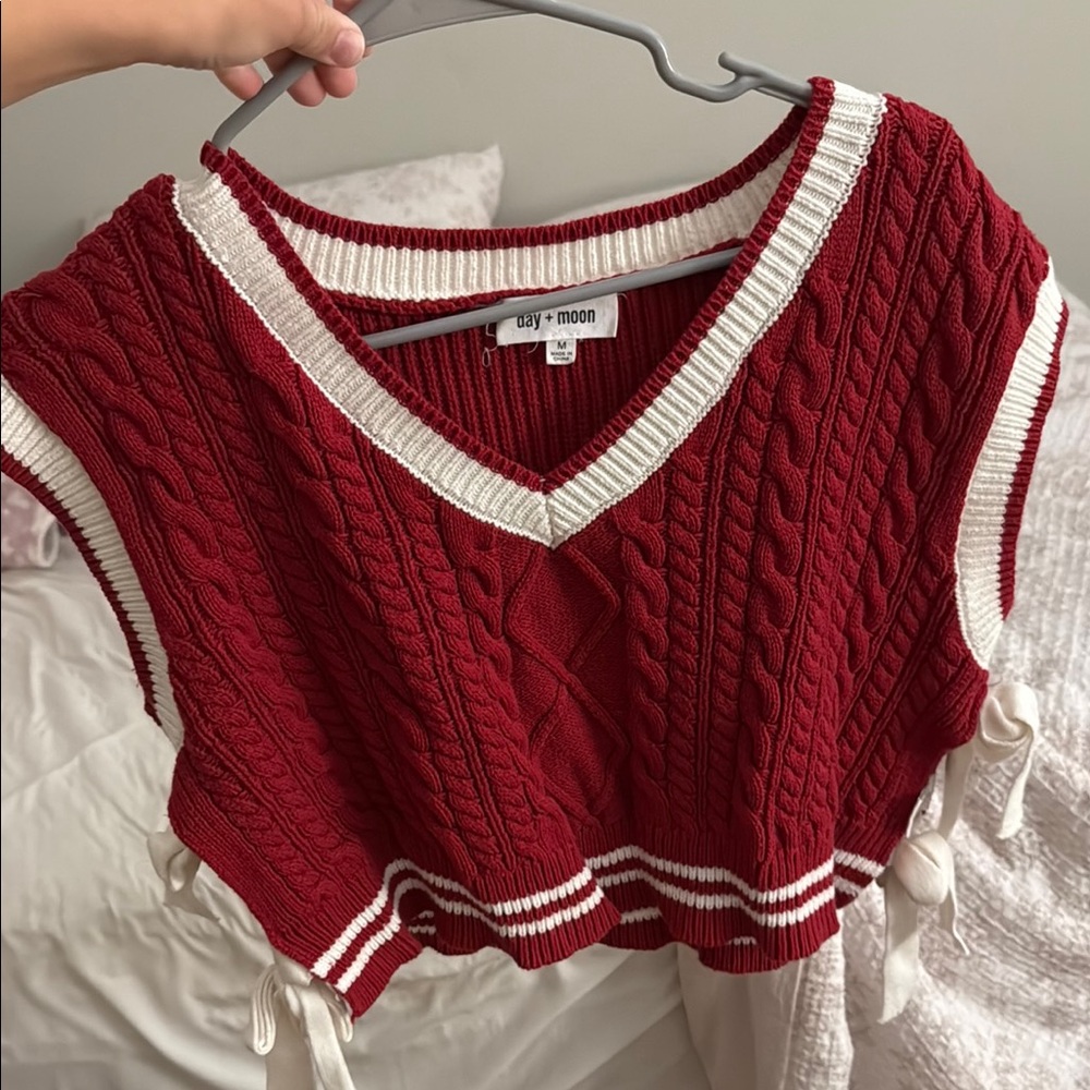 Red and White V-Neck Cable Knit Sweater